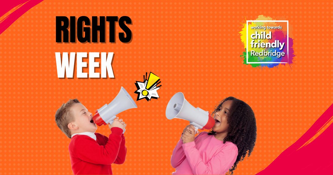 Two children shouting into megaphones with the text, Rights Week