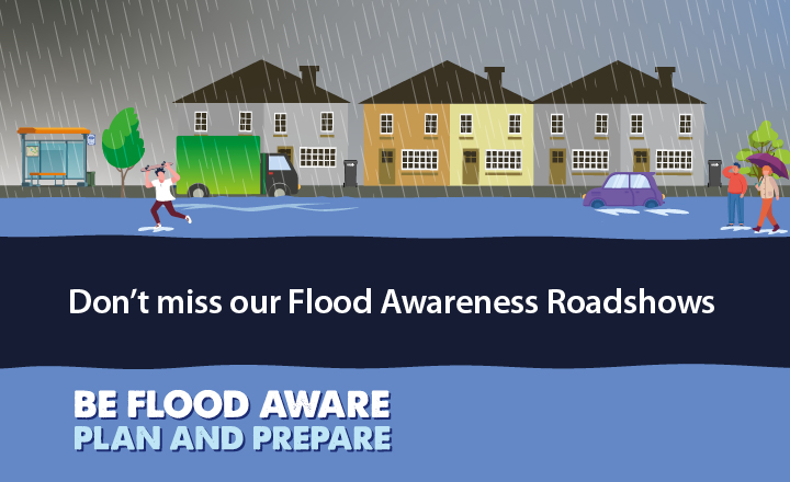 flood awareness roadshow banner with flooding scene 