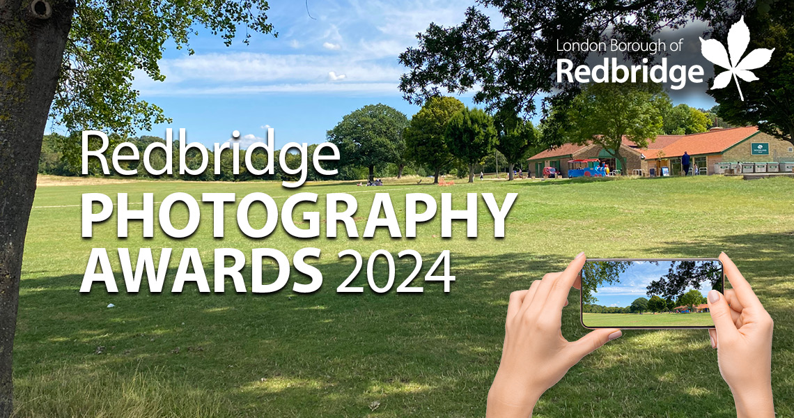 Person taking a picture on a mobile phone in a park and text that reads: Redbridge Photography Awards 2024