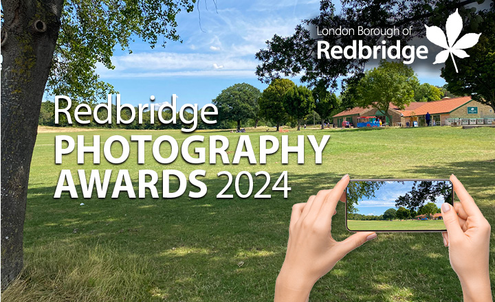 Person taking a picture on a mobile phone in a park and text that reads: Redbridge Photography Awards 2024