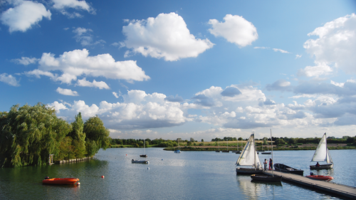 View of Fairlop Waters lake with boats