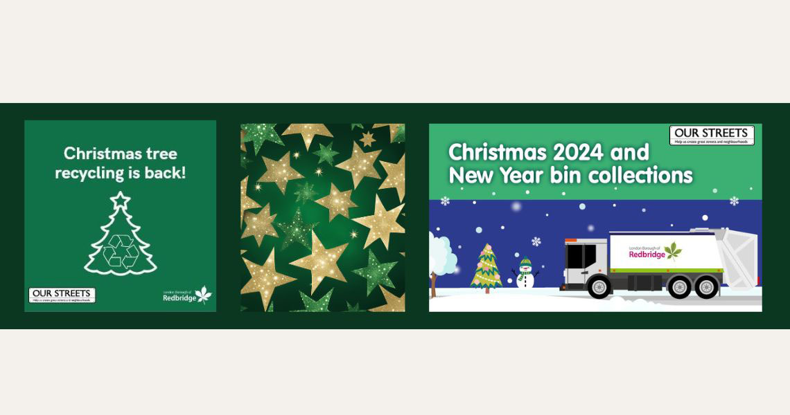 Collage of Christmas tree and refuse van separated by image of stars on a green background