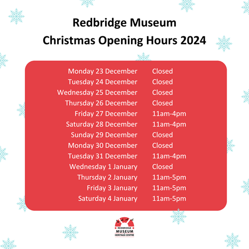 Monday 23 December - Closed Tuesday 24 December - Closed Wednesday 25 December - Closed Thursday 26 December - Closed Friday 27 December - 11am-4pm Saturday 28 December - 11am-4pm Sunday 29 December - Closed Monday 30 December - Closed Tuesday 31 December - 11am-4pm Wednesday 1 January - Closed Thursday 2 January - 11am-5pm Friday 3 January - 11am-5pm Saturday 4 January - 11am-5pm