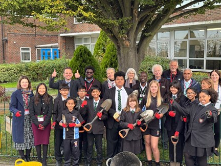 Photo of Cabinet Member, Deputy Leader, OIperations Team, Headteacher of Caterham, and Pupils at Caterham High School