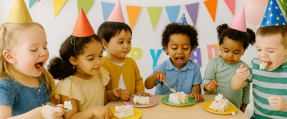 A group of children joyfully celebrating at a colorful birthday party with balloons and cake.